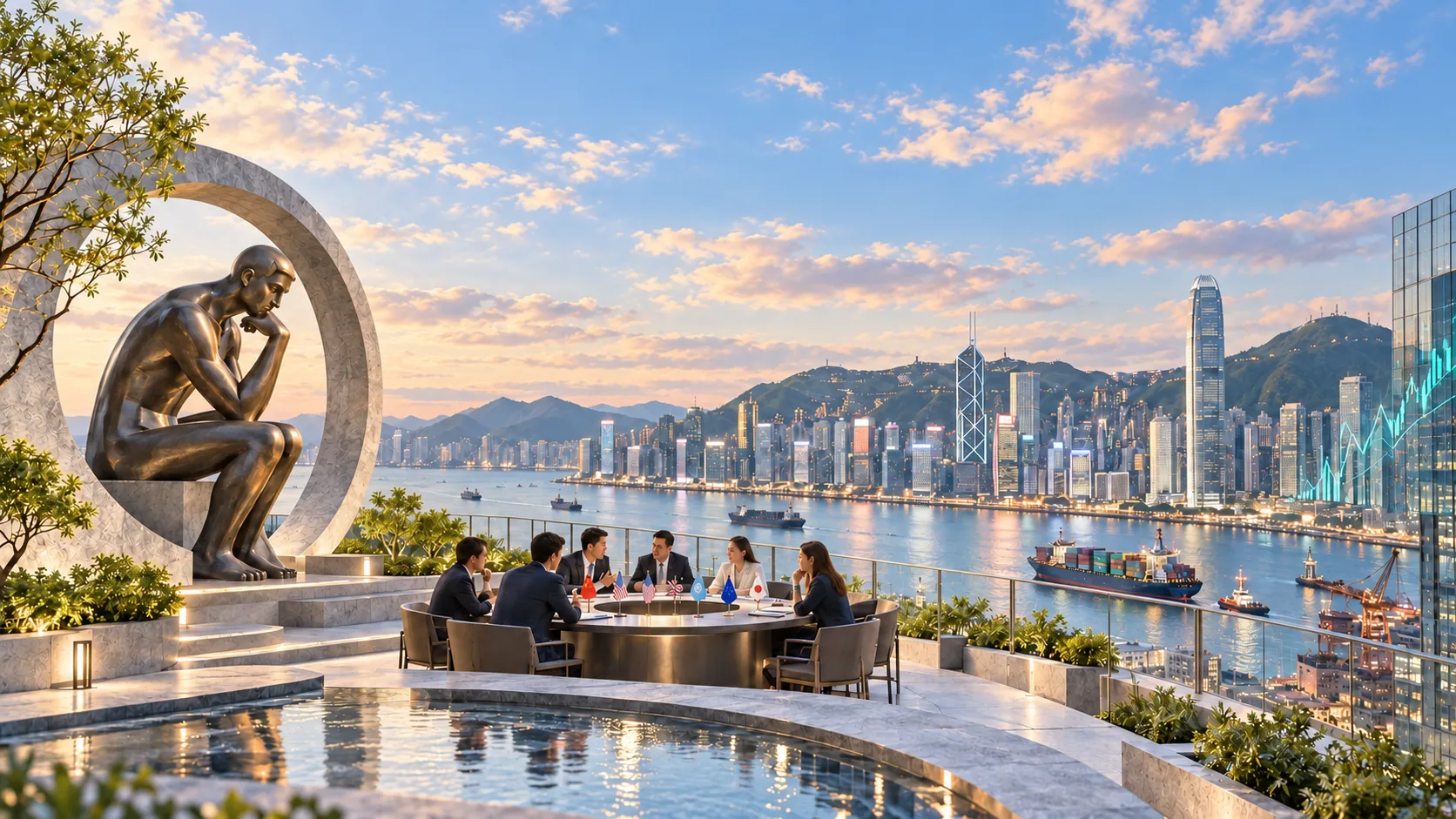 Hong Kong's harbour skyline at dusk, with young delegates in discussion around a roundtable beneath a sculpture of The Thinker